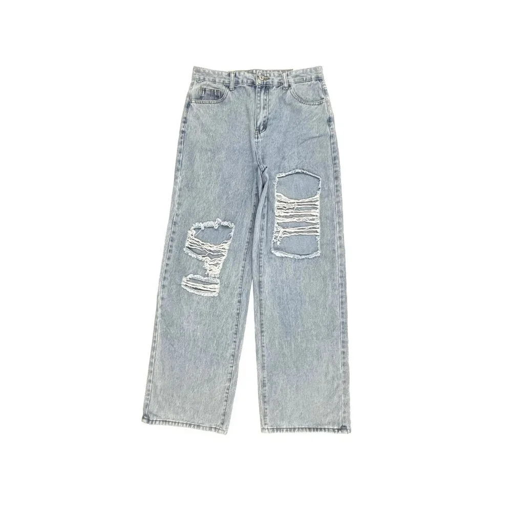 SheIn Distressed Wide Leg Women's size L 8 10 Light Wash Blue Denim jeans   Grea